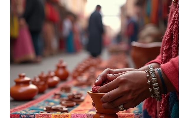 Vibrant local market scene with artisan hands crafting pottery, rich in cultural detail