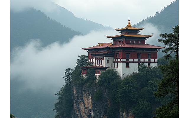Tranquil monastery in the mountains, shrouded in mist, representing philosophical inquiry