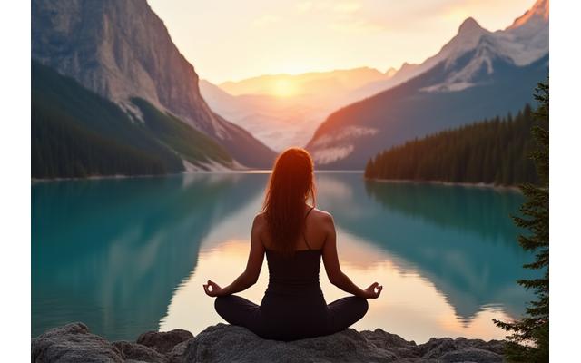 A person meditating peacefully by a pristine mountain lake at sunrise, surrounded by wilderness