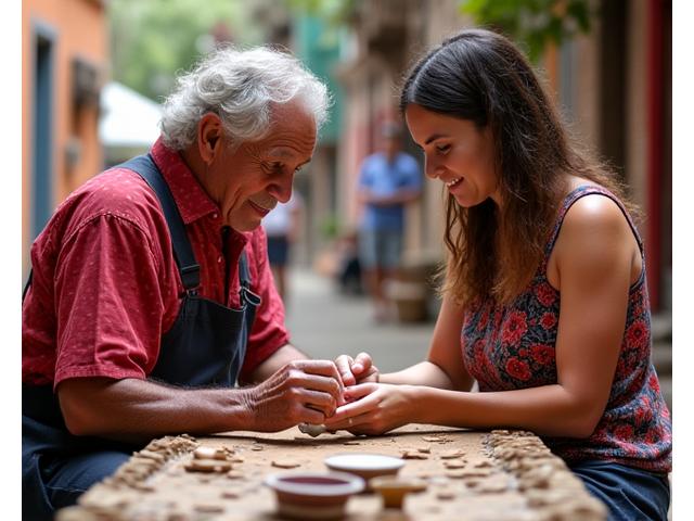 Local artisan teaching a traditional craft in a vibrant village setting