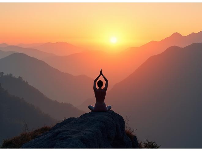Person meditating at sunrise in a pristine natural landscape