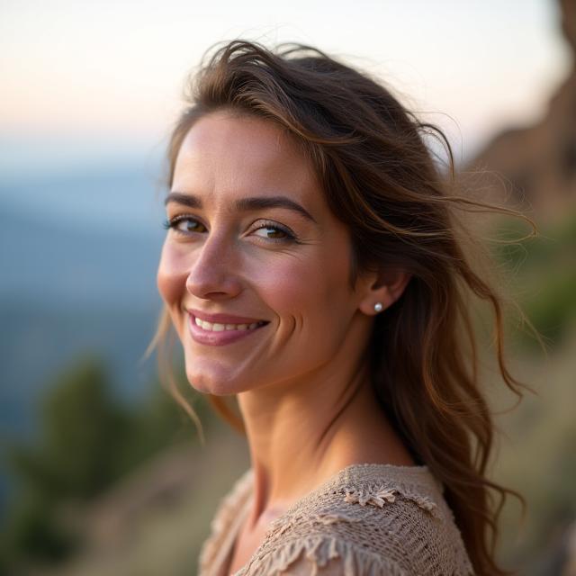Elara Vance, founder of Epiphany Travel, smiling thoughtfully amidst a scenic backdrop.