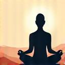 Icon representing mindful presence: a stylized silhouette of a person meditating in a serene natural setting like mountains or a forest.